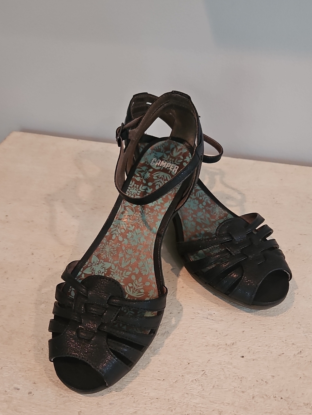 Camper Black Strappy Peep-Toe Sandals with Ankle Strap